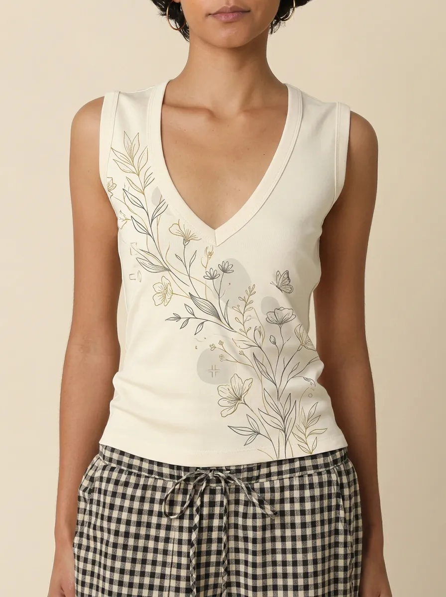 Women's Botanical Nature Lover Floral Butterfly Printed V-neck Tank Top
