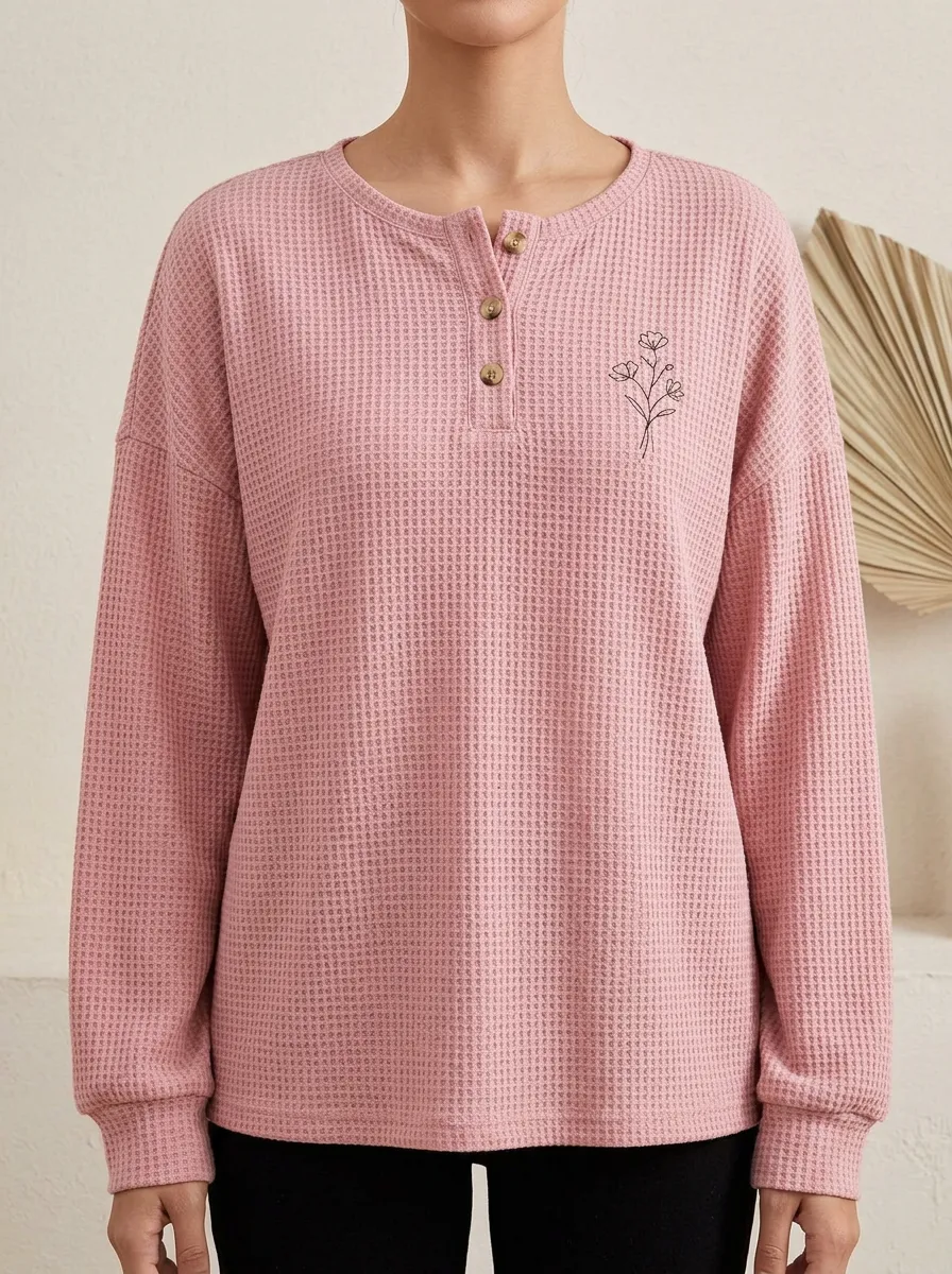 Women's Minimalist Floral Line Art Printed Waffle Knit Henley Shirt
