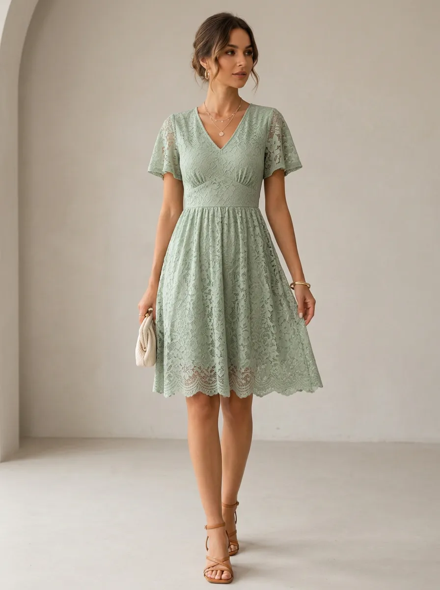 Women's Sage Green Floral Lace V-Neck Printed Dress