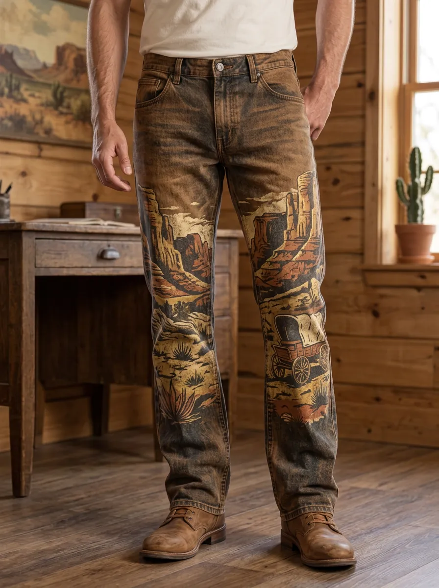 Men's Western Cowboy Desert Landscape Wagon Printed Pants