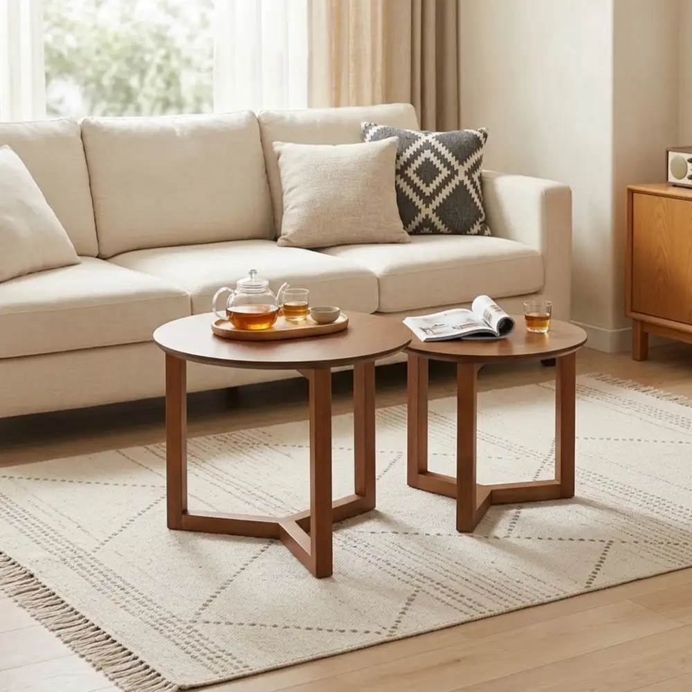 Wood Veneer Round Coffee Table Set