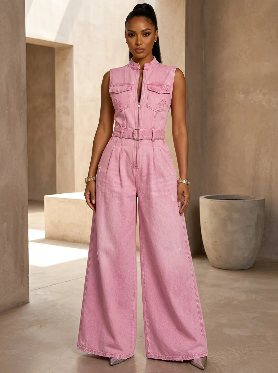 Pink Everyday Sleeveless Zip-Front Denim Jumpsuit
