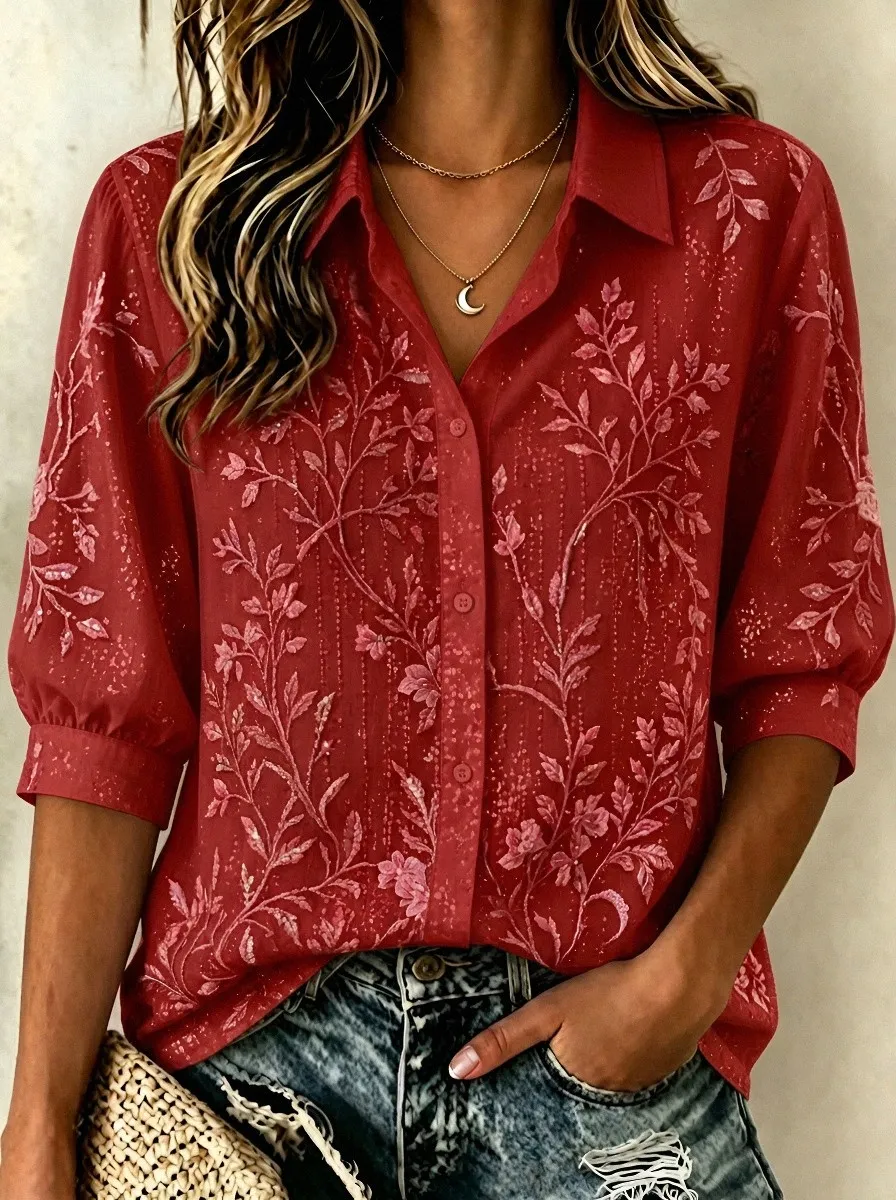 Women's Breast Cancer Awareness Pink Floral Embroidered Button-Down Shirt
