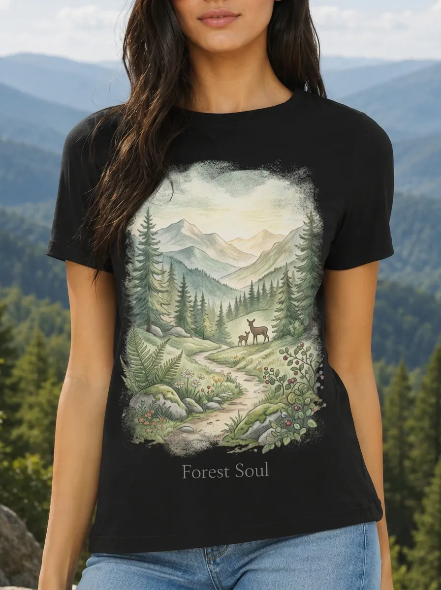 Women's Nature Lover Mountain Deer Forest Printed T-shirt