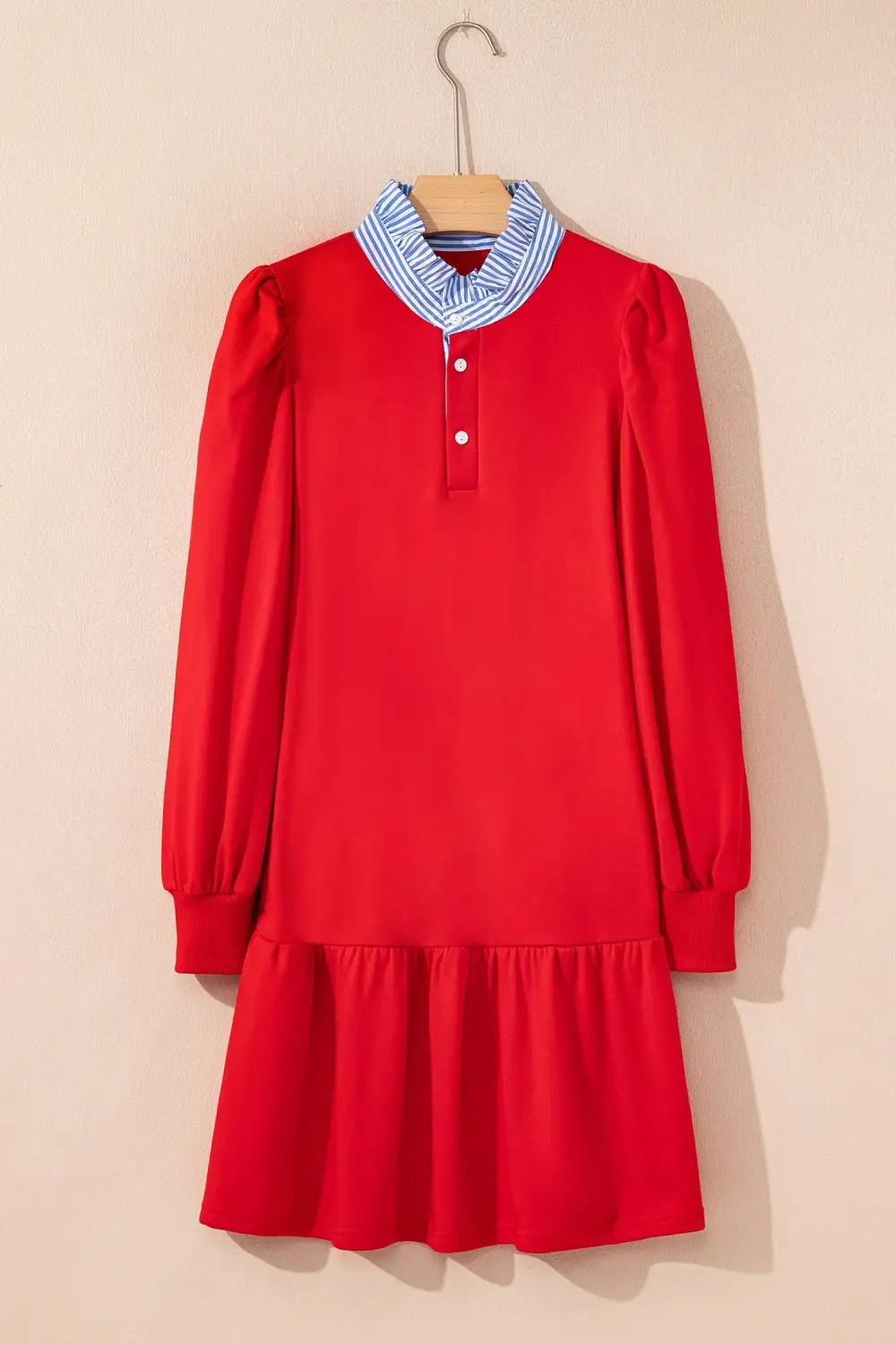 Fiery Contrast Striped Collar Patchwork Puff Sleeve Ruffle Hem Mini Dress