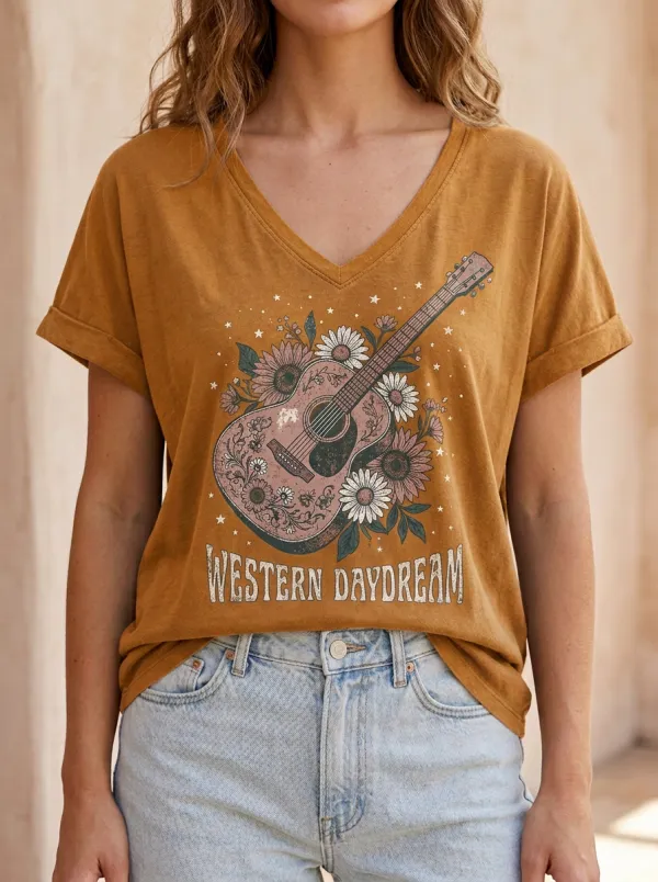 Western Floral Western V-Neck T-Shirt