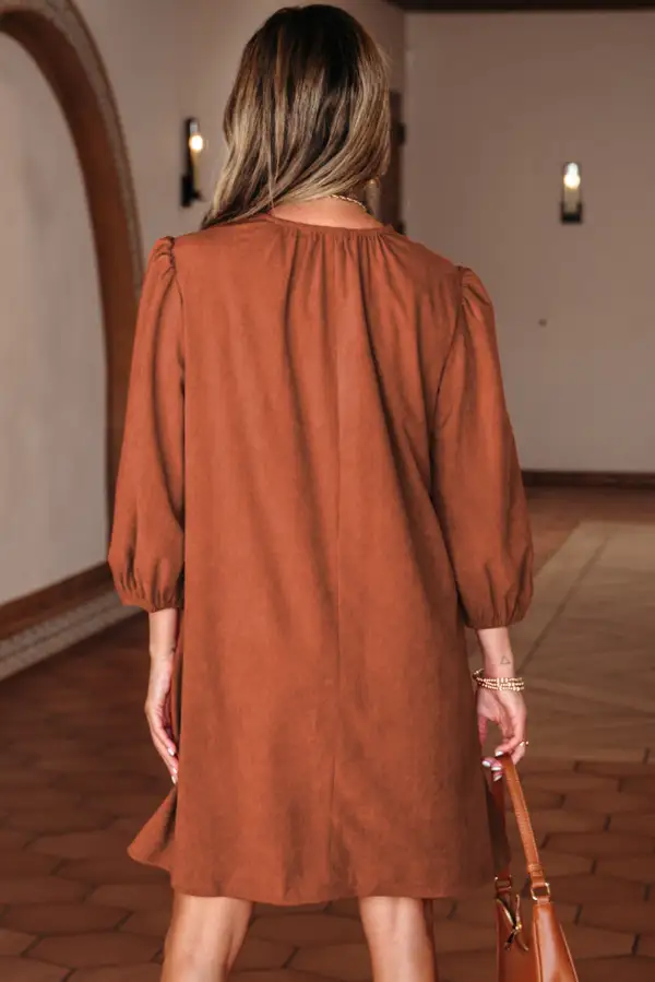 Cinnamon Bracelet Sleeve Split Neck Scallop Detail Pleated Corduroy Mini Dress