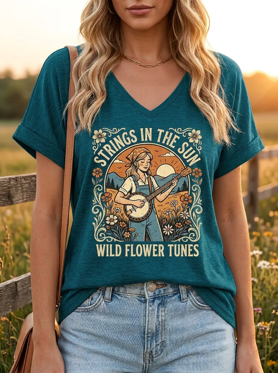 Rustic Banjo Floral Women's Country Music V-Neck T-Shirt