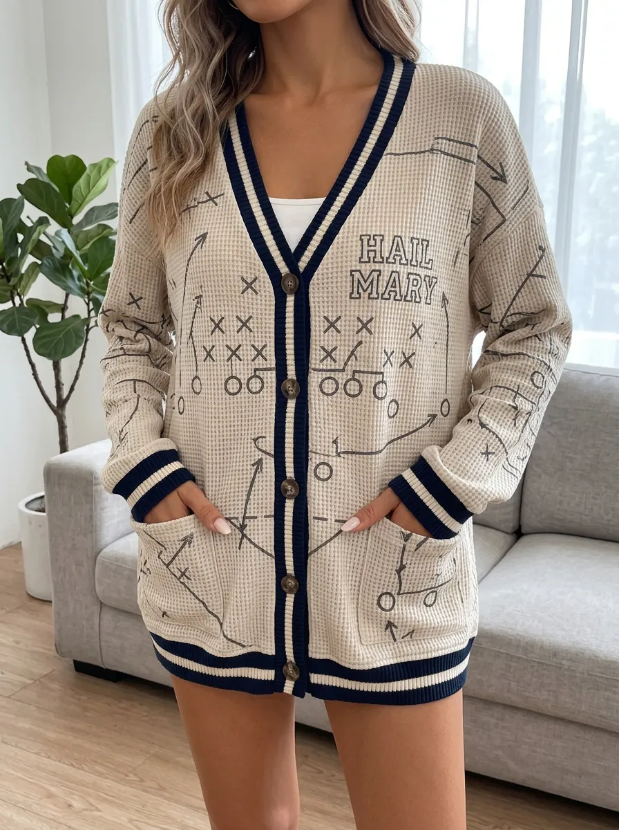 Women's Football Fan Hail Mary Playbook Printed Waffle Cardigan