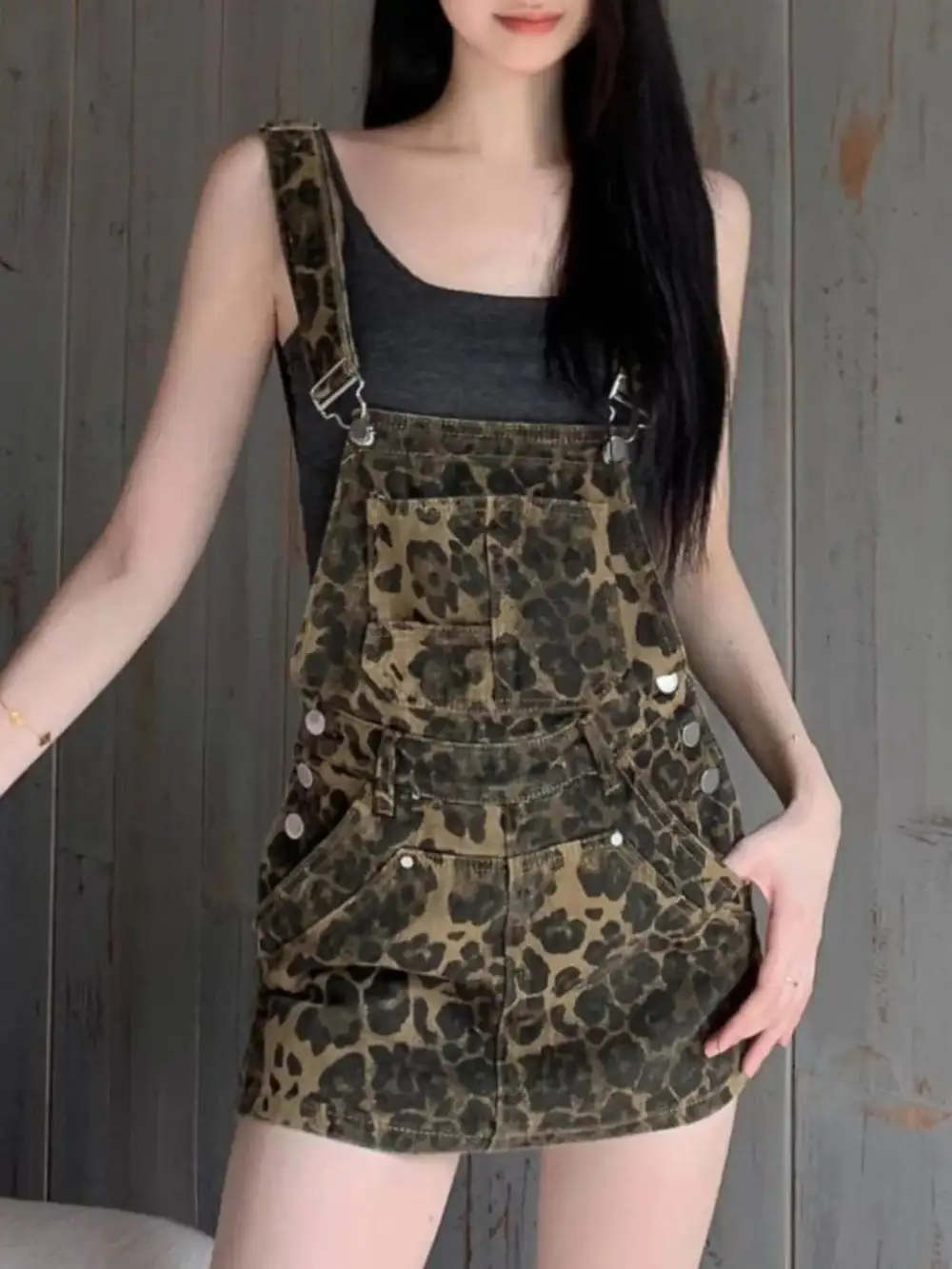 Denim Leopard-Print Casual Dress