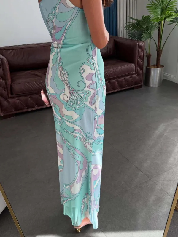 One Shoulder Abstract Floral Maxi Dress
