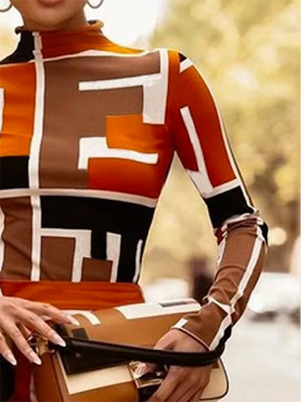 Long Sleeve Slim Fit Geometric Print High Neck T-Shirt