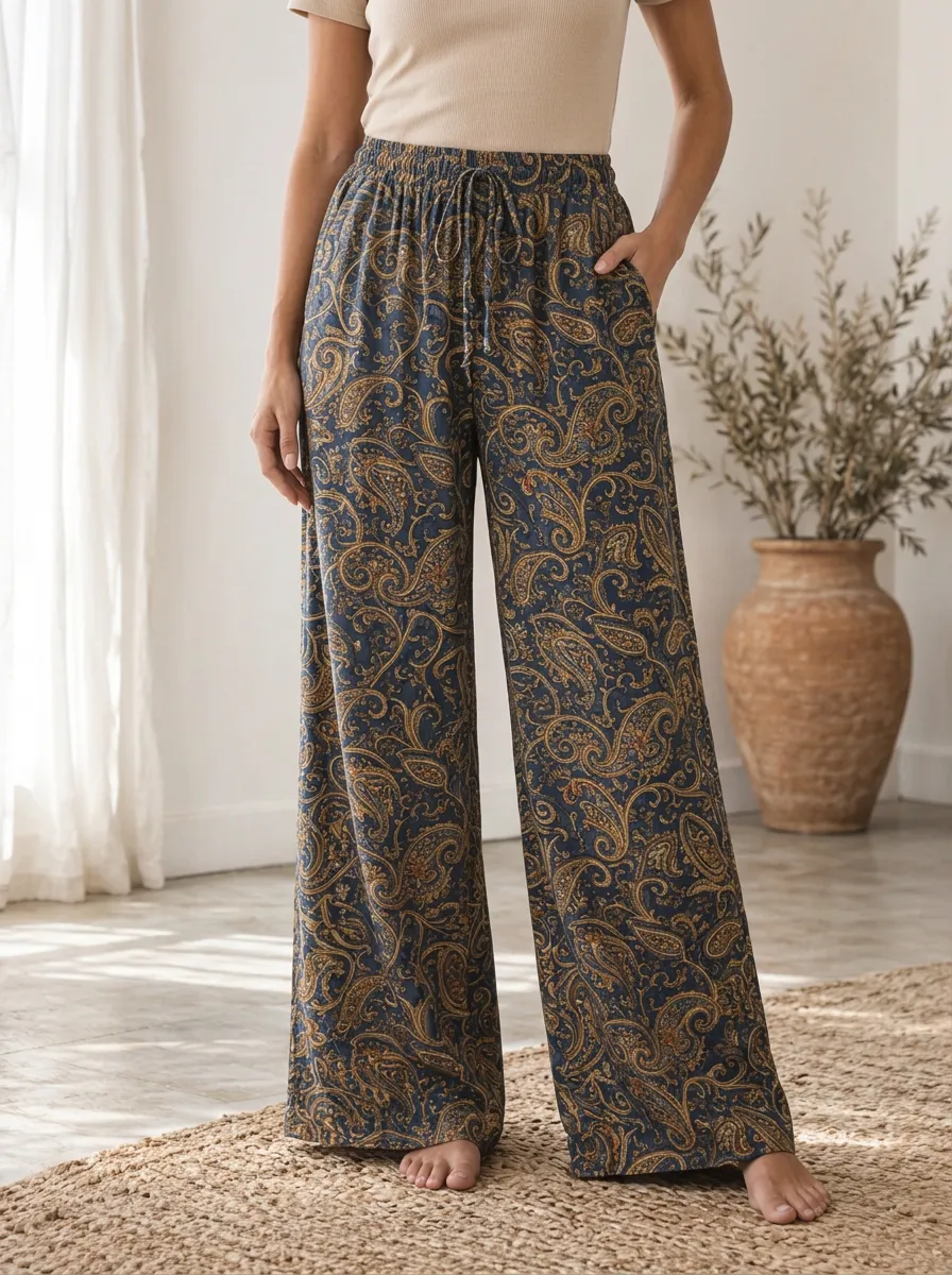Women's Modern Boho Paisley Pattern Printed Wide Leg Pants