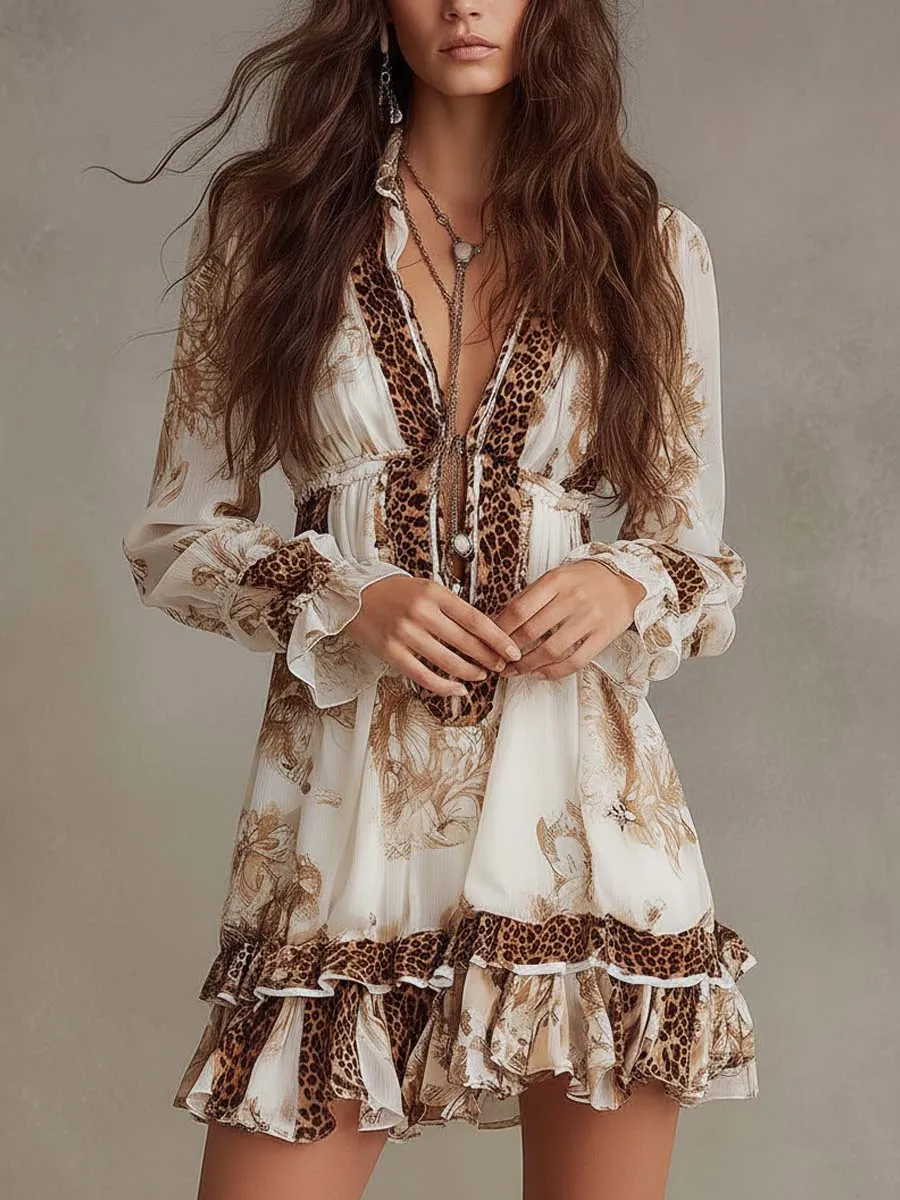 Bohemia Mixed-Print Ruffle Hem Mini Dress