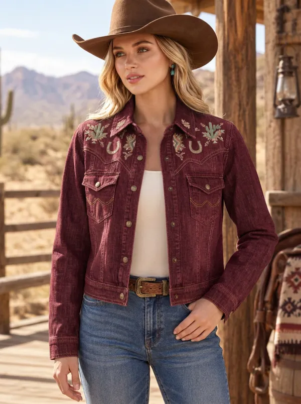 Women's Western Cowboy Horseshoe Horse Cactus Embroidered Denim Jacket