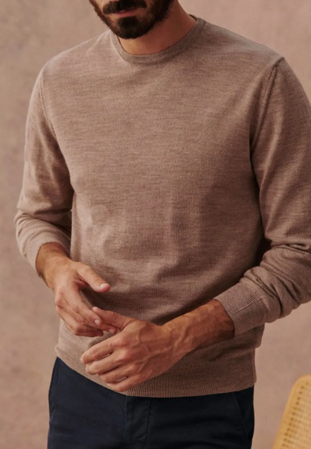 Beige Solid Knit Crew Neck Sweater