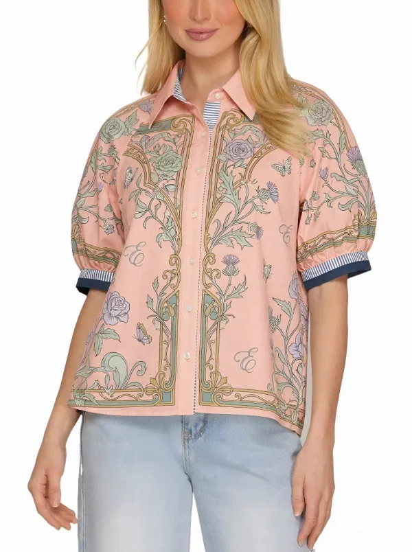 Women's Vintage Floral Thistle Butterfly Printed Button-up Shirt