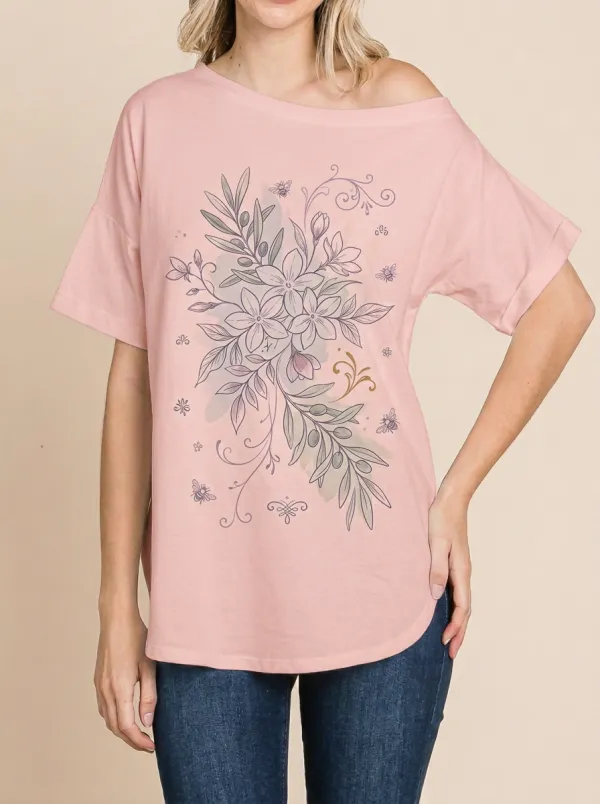 Women's Botanical Bee Olive Branch Printed T-shirt
