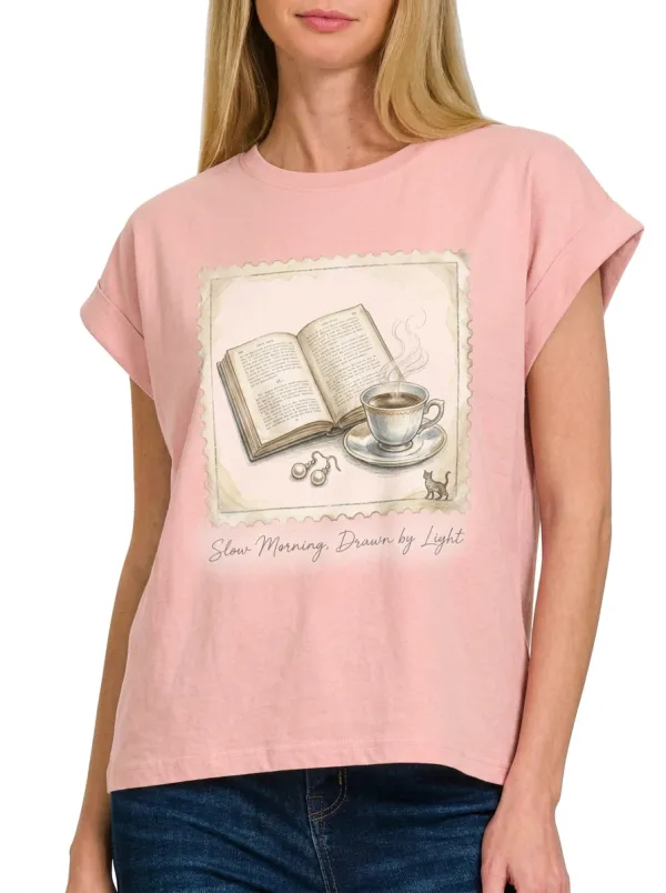 Women's Book Coffee Lover Stamp Art Printed T-shirt