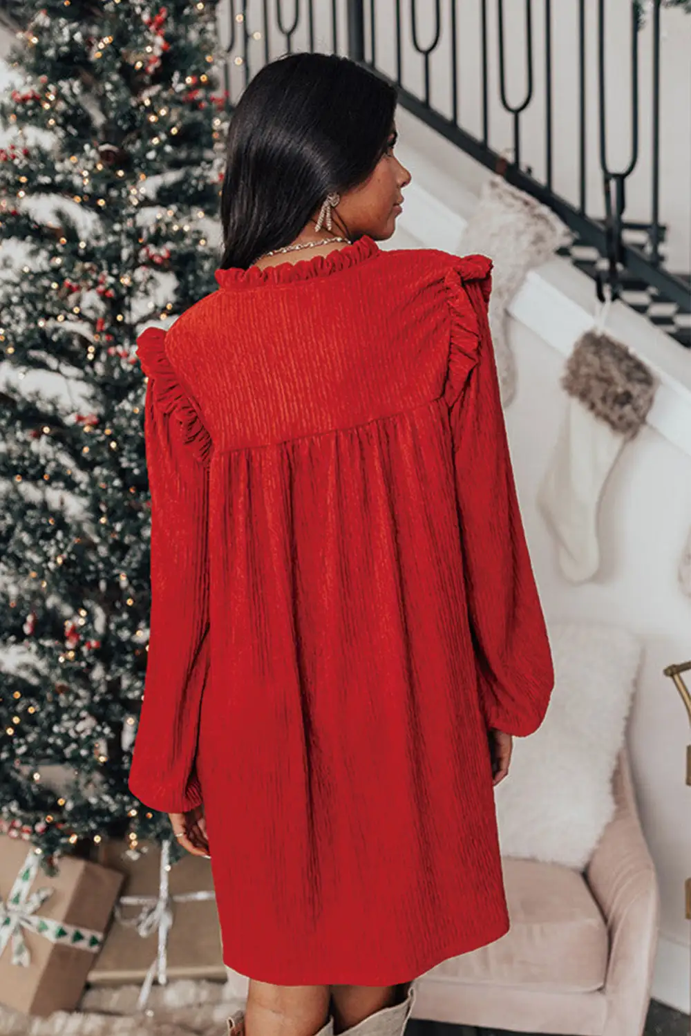 Textured Ruffle Trim V-Neck Mini Dress