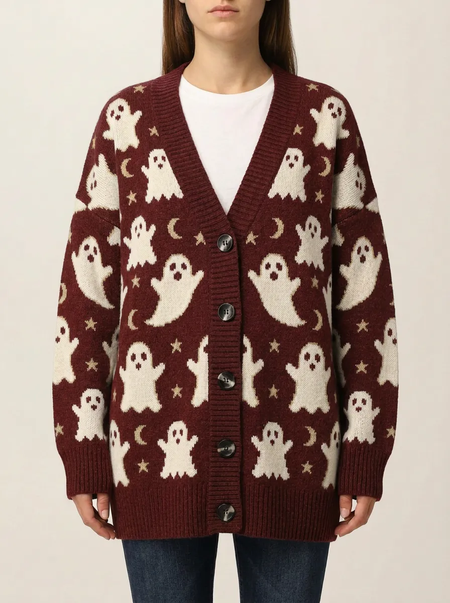Women's Halloween Ghost Moon Star Pattern Knitted Cardigan