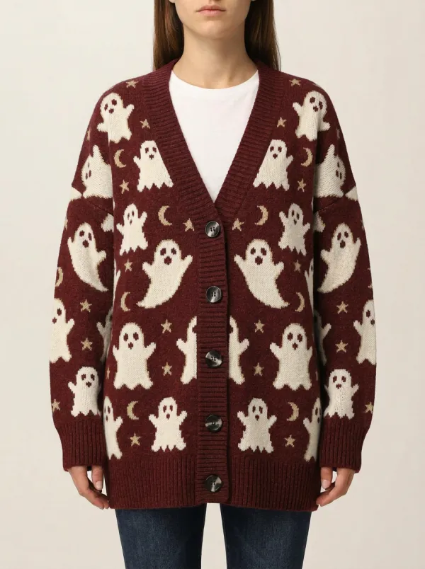 Women's Halloween Ghost Moon Star Pattern Knitted Cardigan