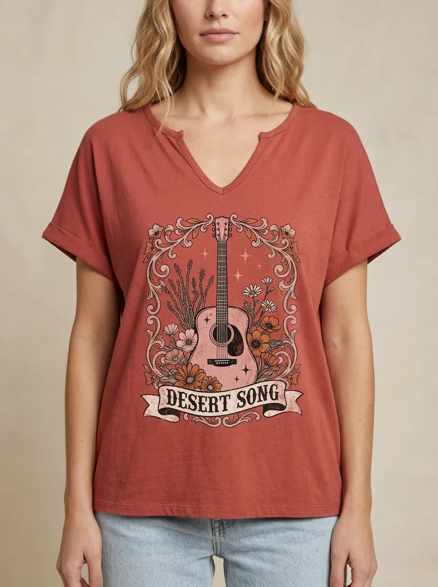 Women's Western Music Lover Desert Song Guitar Floral Printed V-Neck T-Shirt