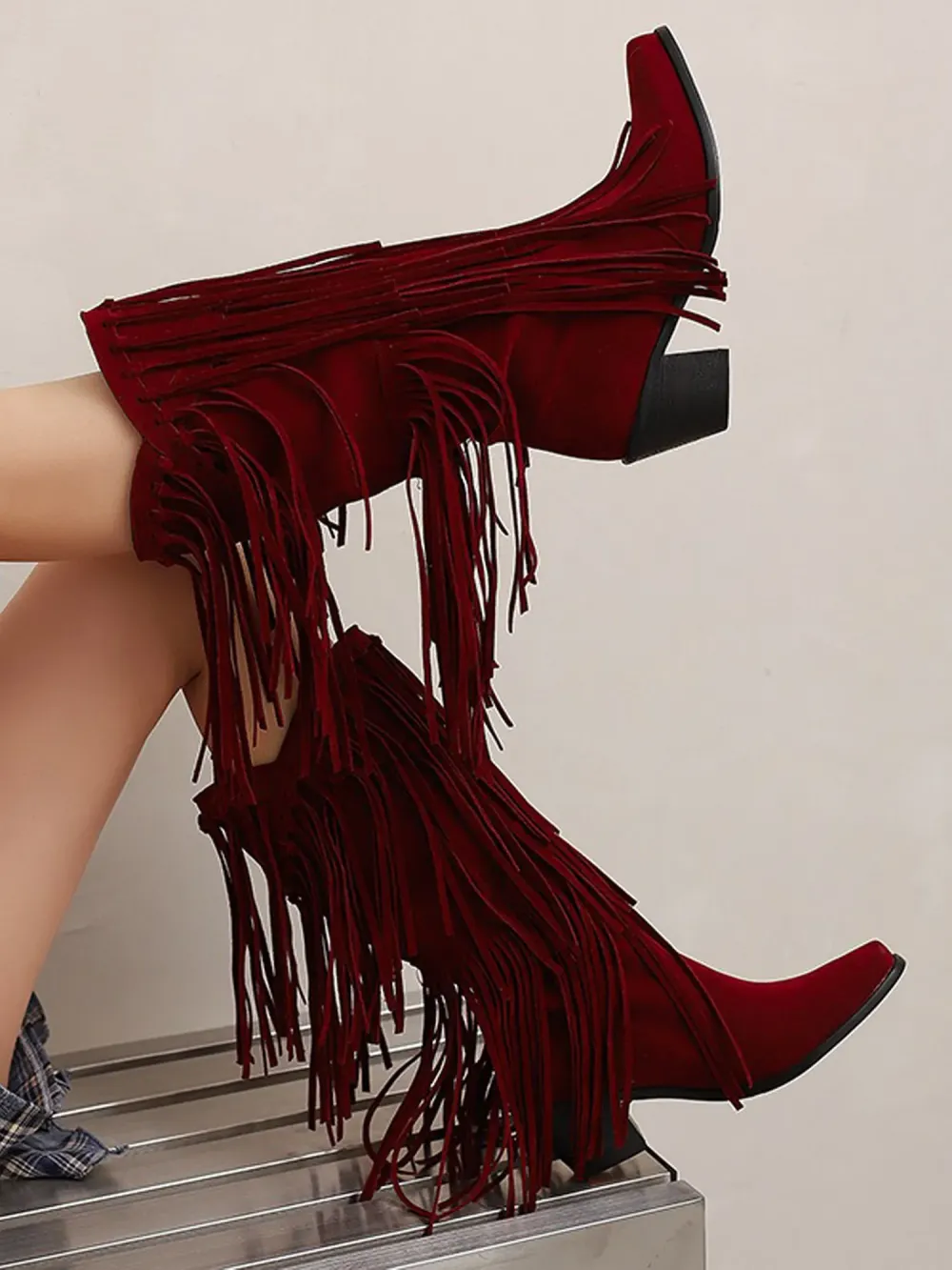 Zaria Ruched Fringed Suede Boots