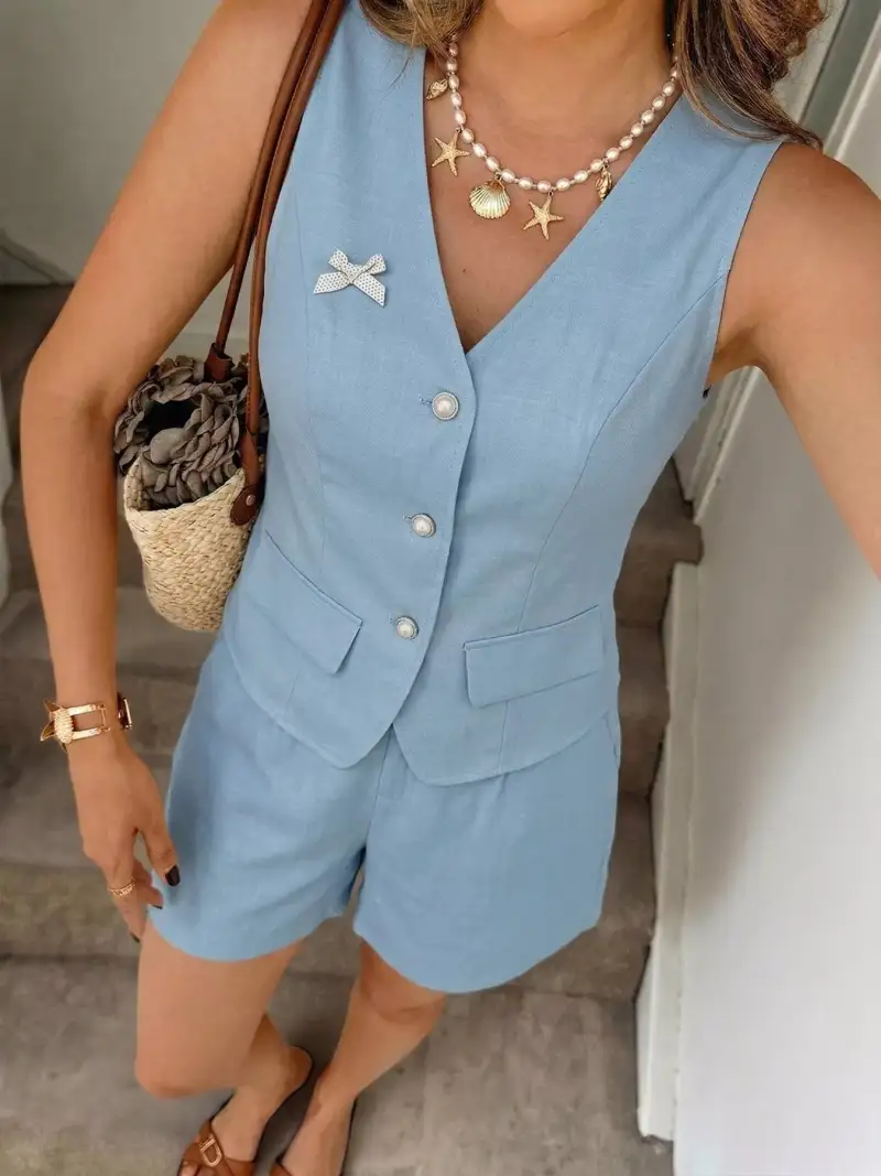 Refined Zip-Detail Two-Piece Vest and Shorts Set
