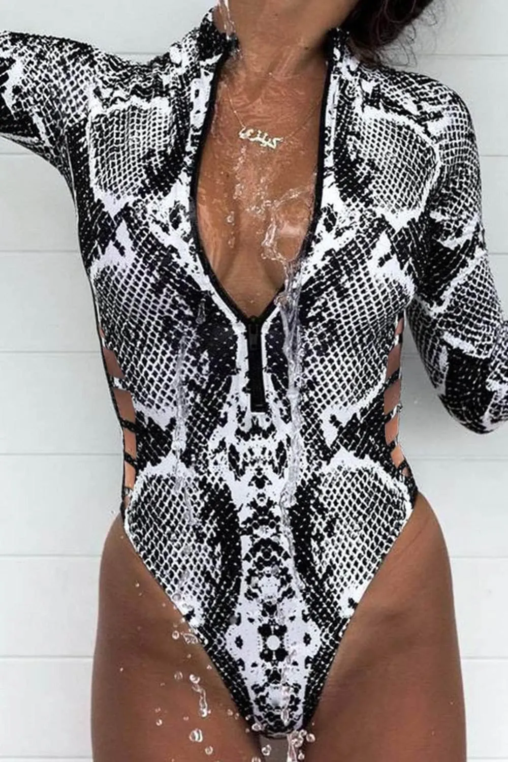 Snake Print Zipper Panel Detail Wetsuit Swimsuit
