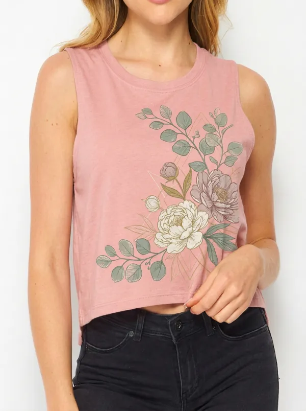Women's Floral Botanical Geometric Printed Crop Tank Top