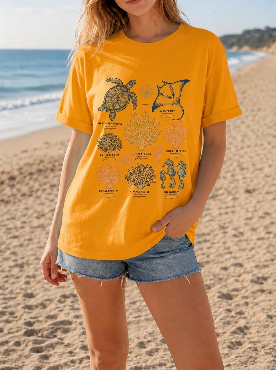 Women's Marine Biology Ocean Life Sea Turtle Coral Printed T-shirt