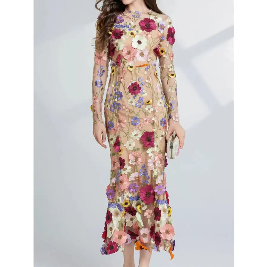 Embroidered Mesh Long Sleeve Midi Dress