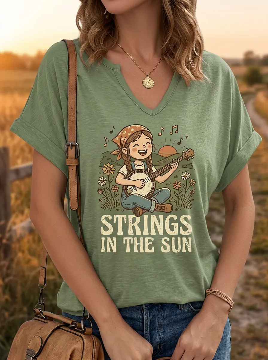 Prairie-Inspired Banjo Custom Country Music V-Neck T-Shirt