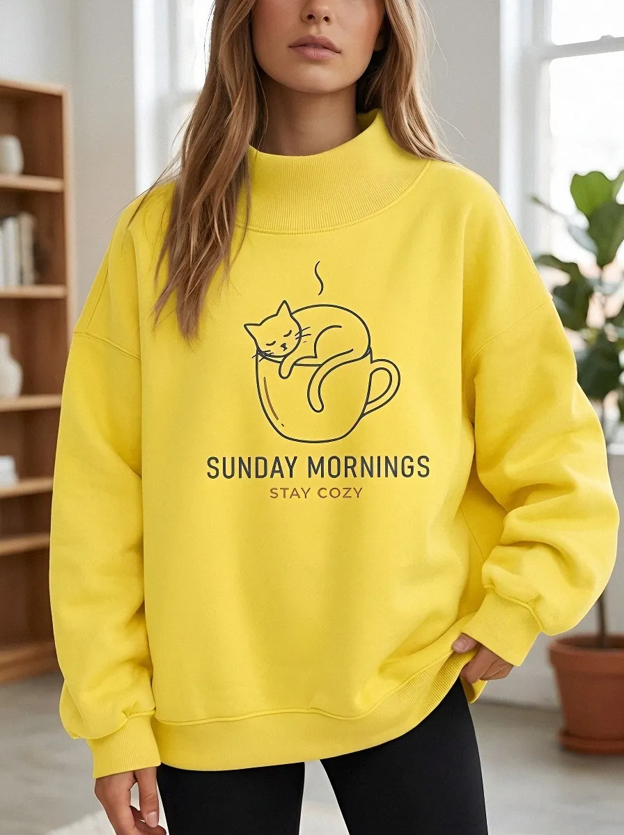 Women's Sunday Morning Cat Coffee Lover Printed Sweatshirt