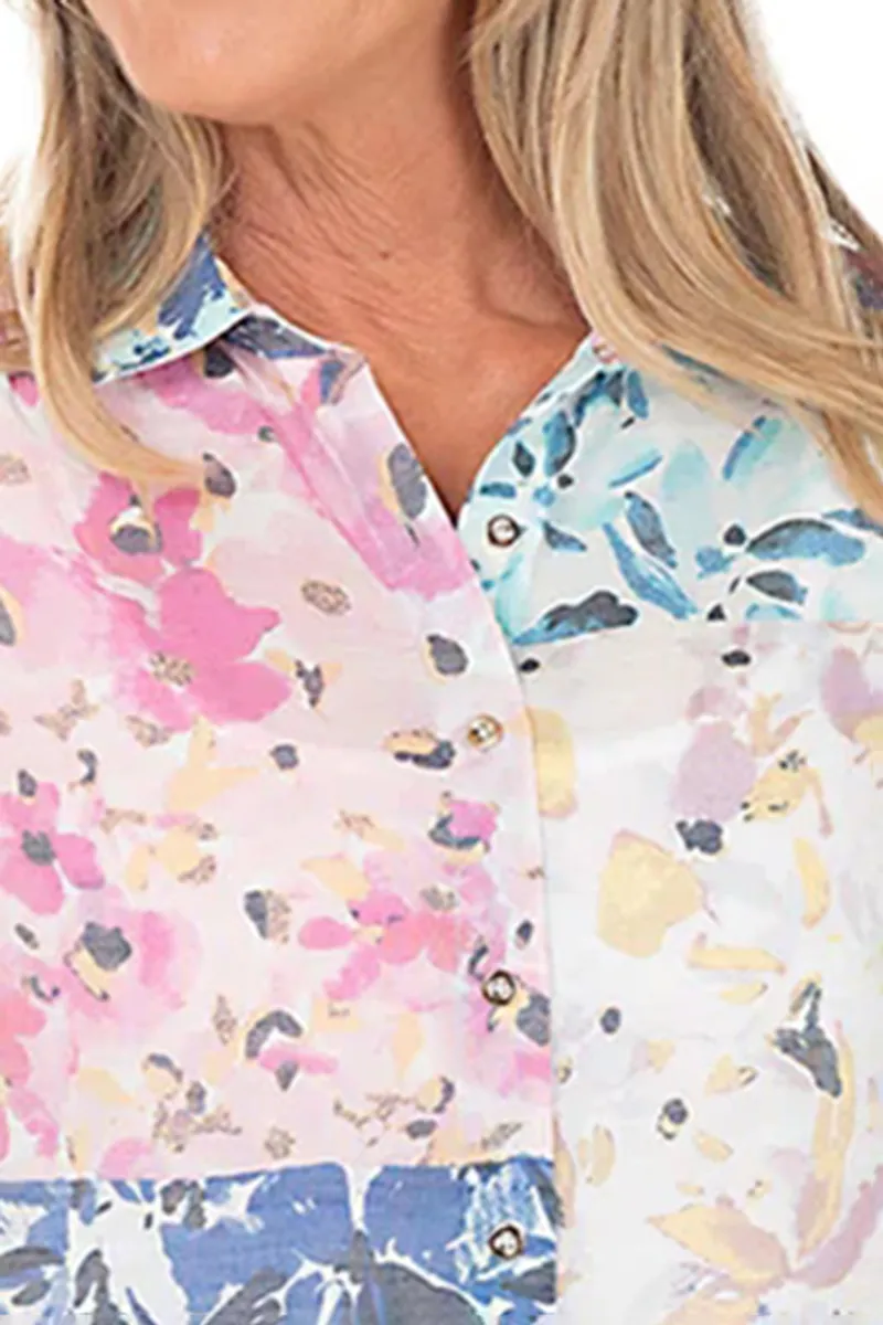 Floral Patchwork Rolled Dolman Sleeve Shirt