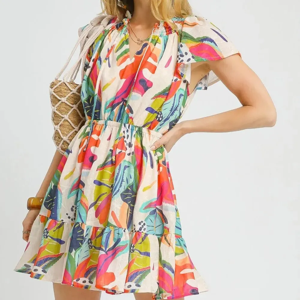 Printed Tie Neck Ruffled Hem Dress