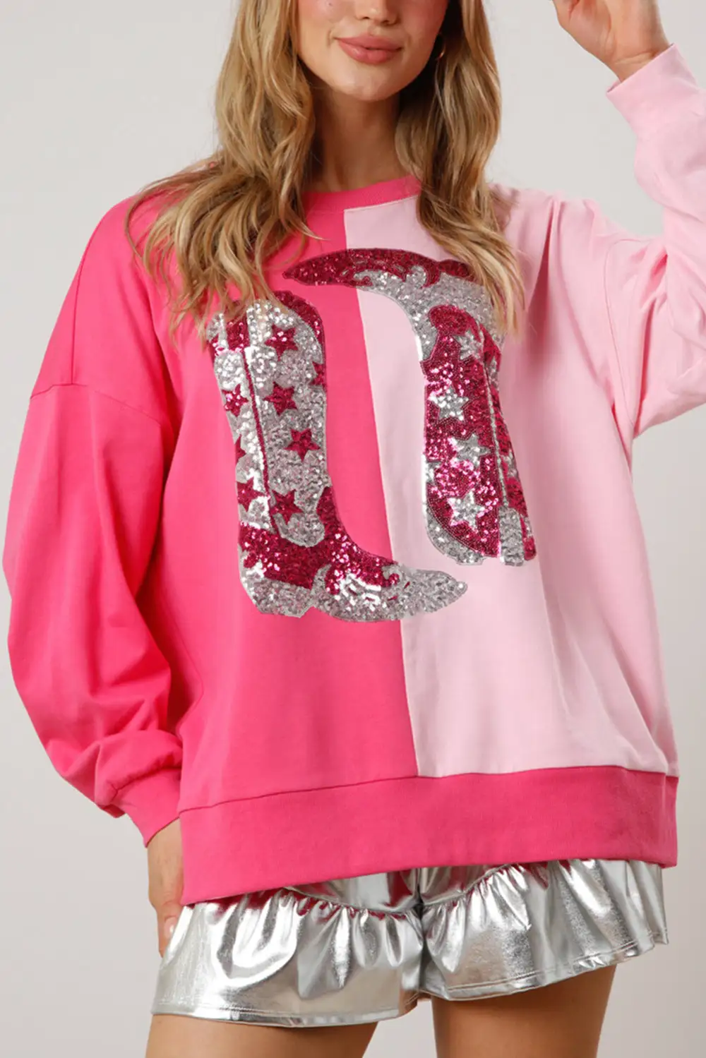 Color Block Sequined Cowgirl Boots Graphic Sweatshirt