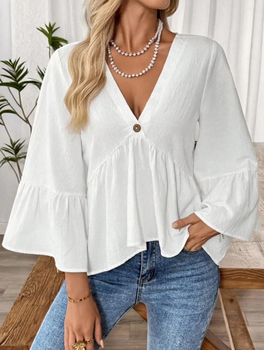 V Neck Ruffle Sleeve Cotton Blouse