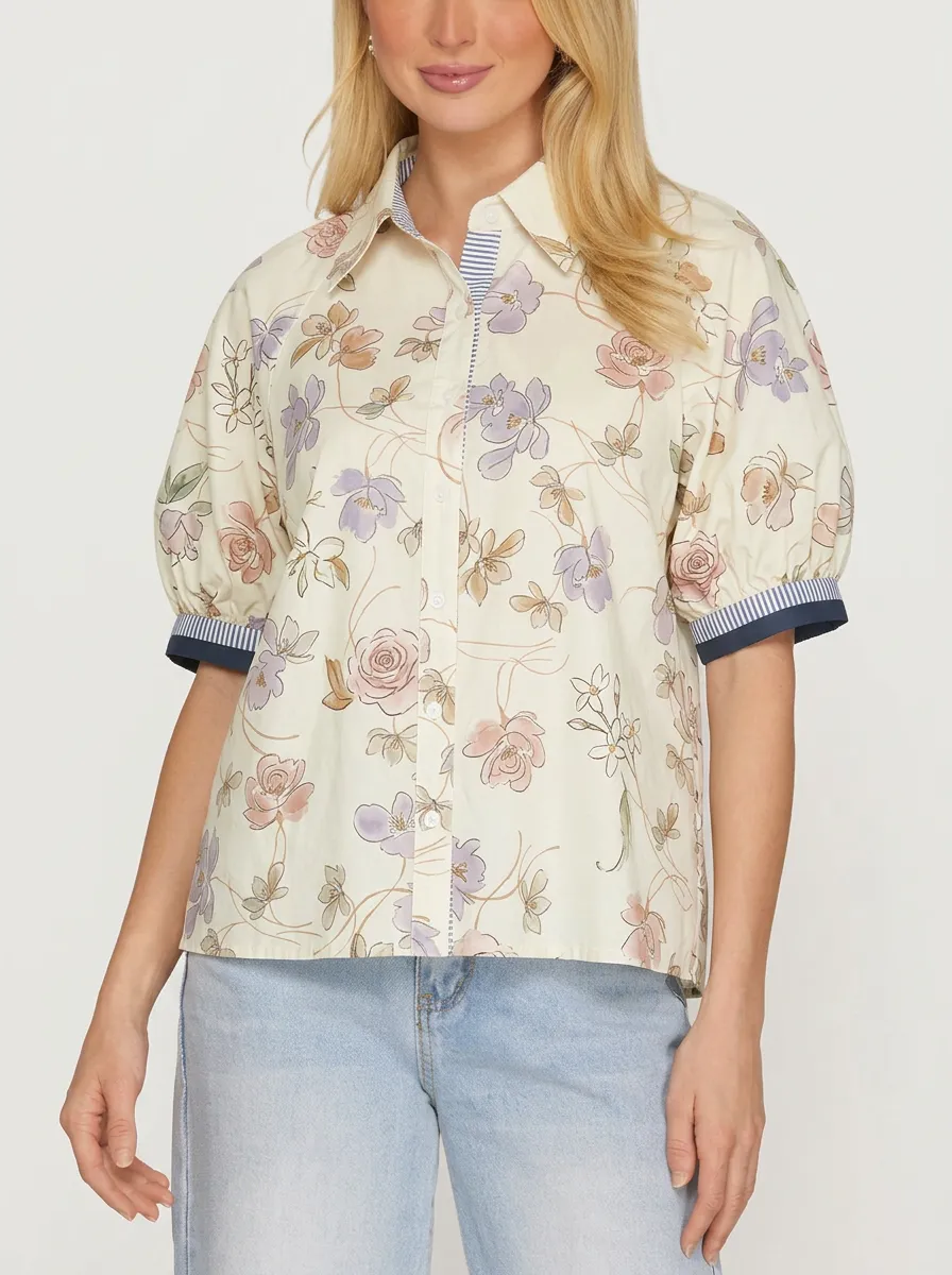 Women's Floral Botanical Vintage Style Printed Puff Sleeve Shirt