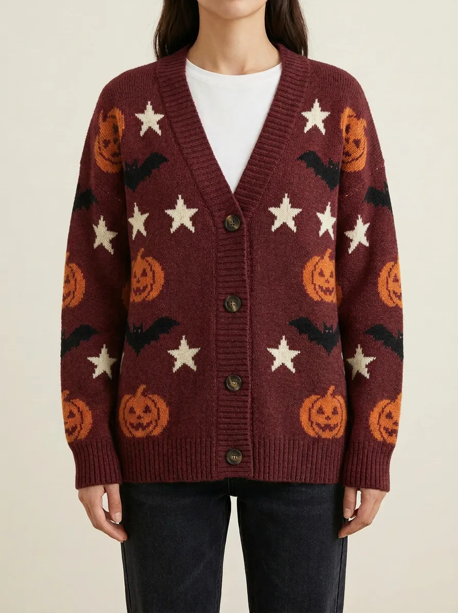 Women's Halloween Pumpkin Bat Star Pattern Knitted Cardigan