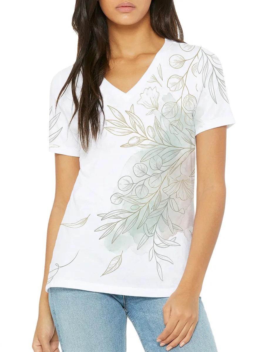 Women's Botanical Nature Lover Olive Branch Watercolor Printed V-neck T-shirt