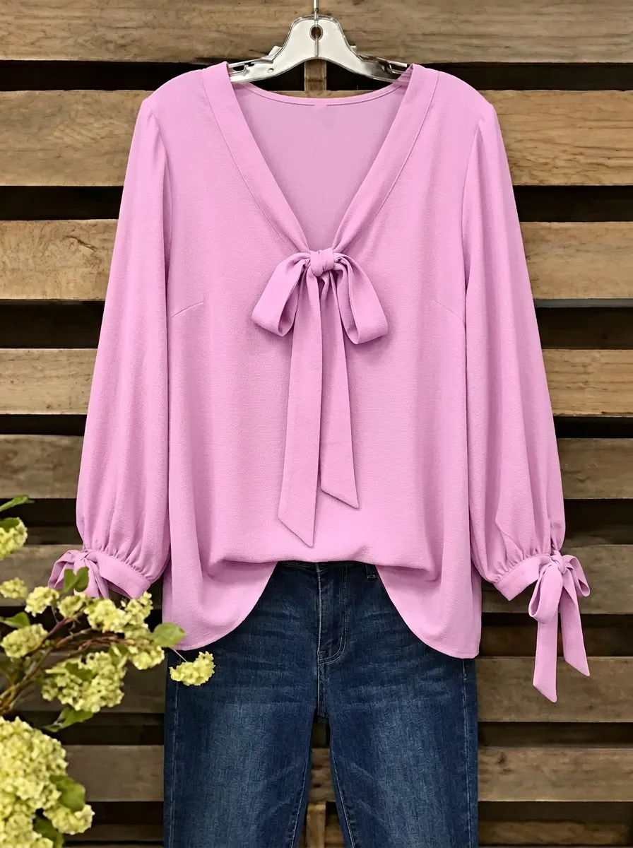 Women's V-neck Tie-neck Gathered Cuff Blouse