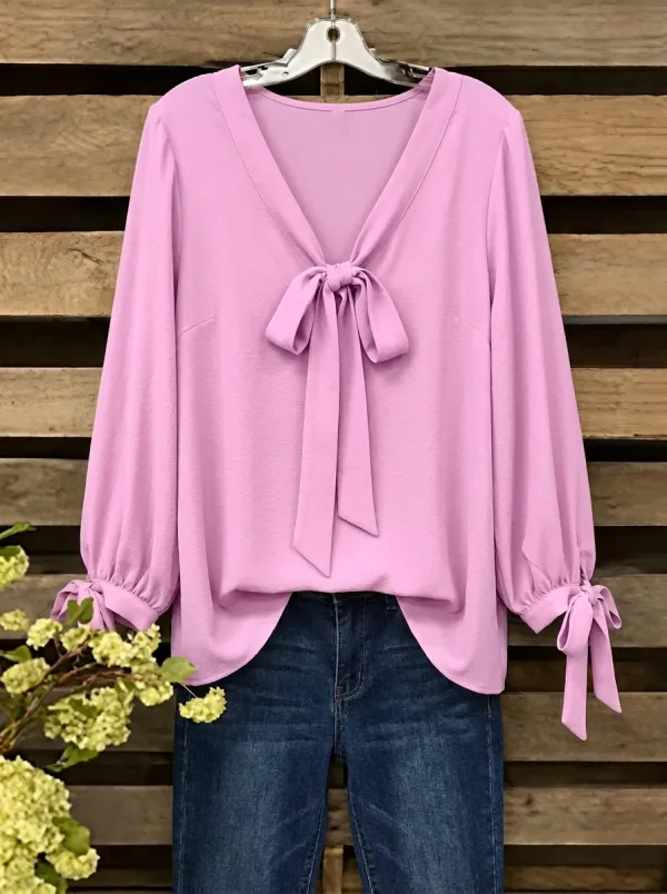 Women's V-neck Tie-neck Gathered Cuff Blouse