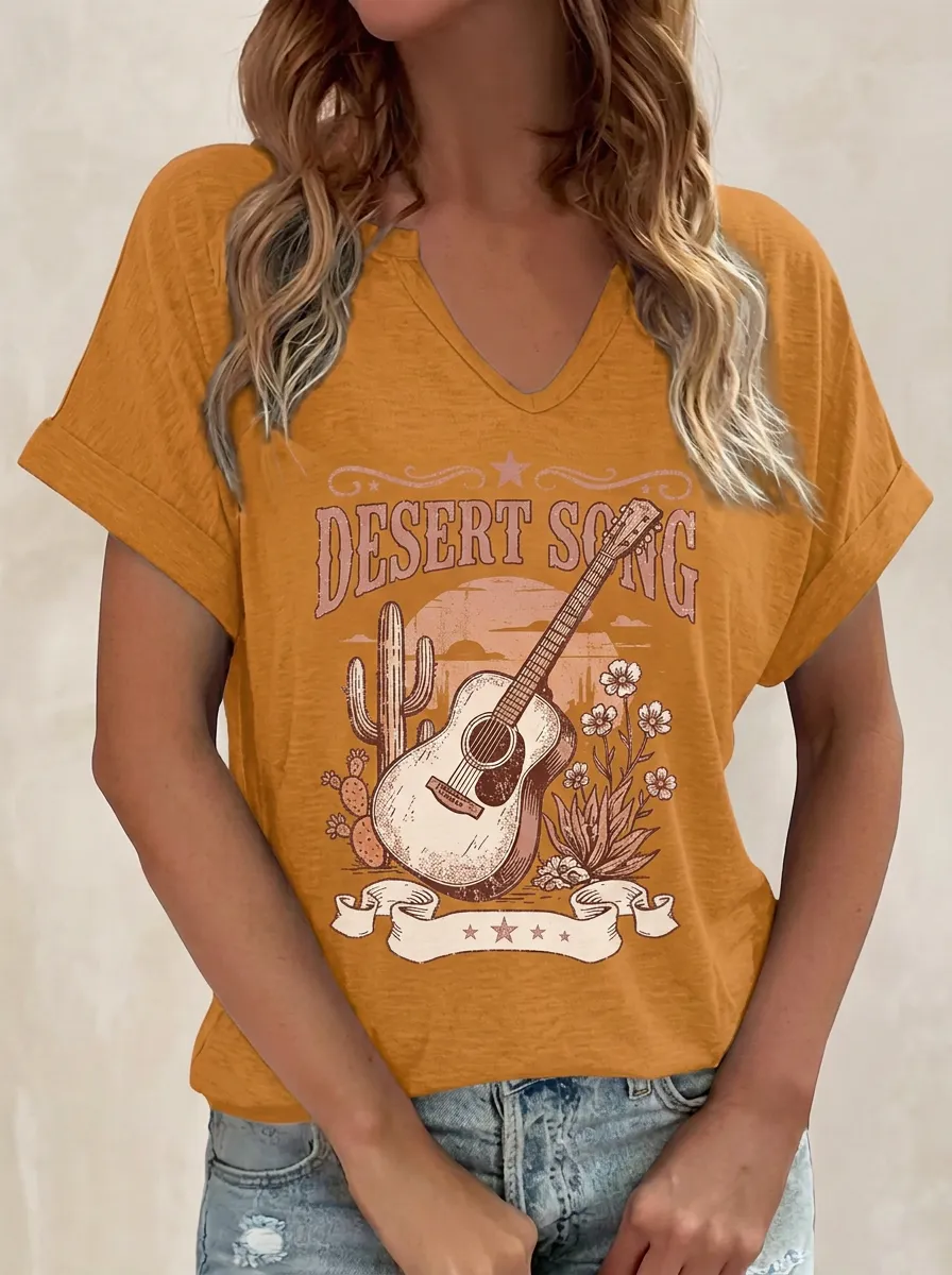 Cactus Desert Guitar Western V-Neck T-Shirt
