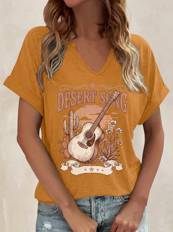 Cactus Desert Guitar Western V-Neck T-Shirt