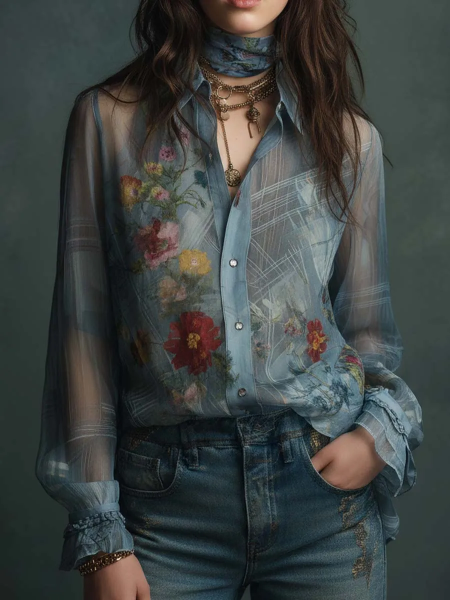 Vintage Boho Sheer Floral Button-Up Blouse