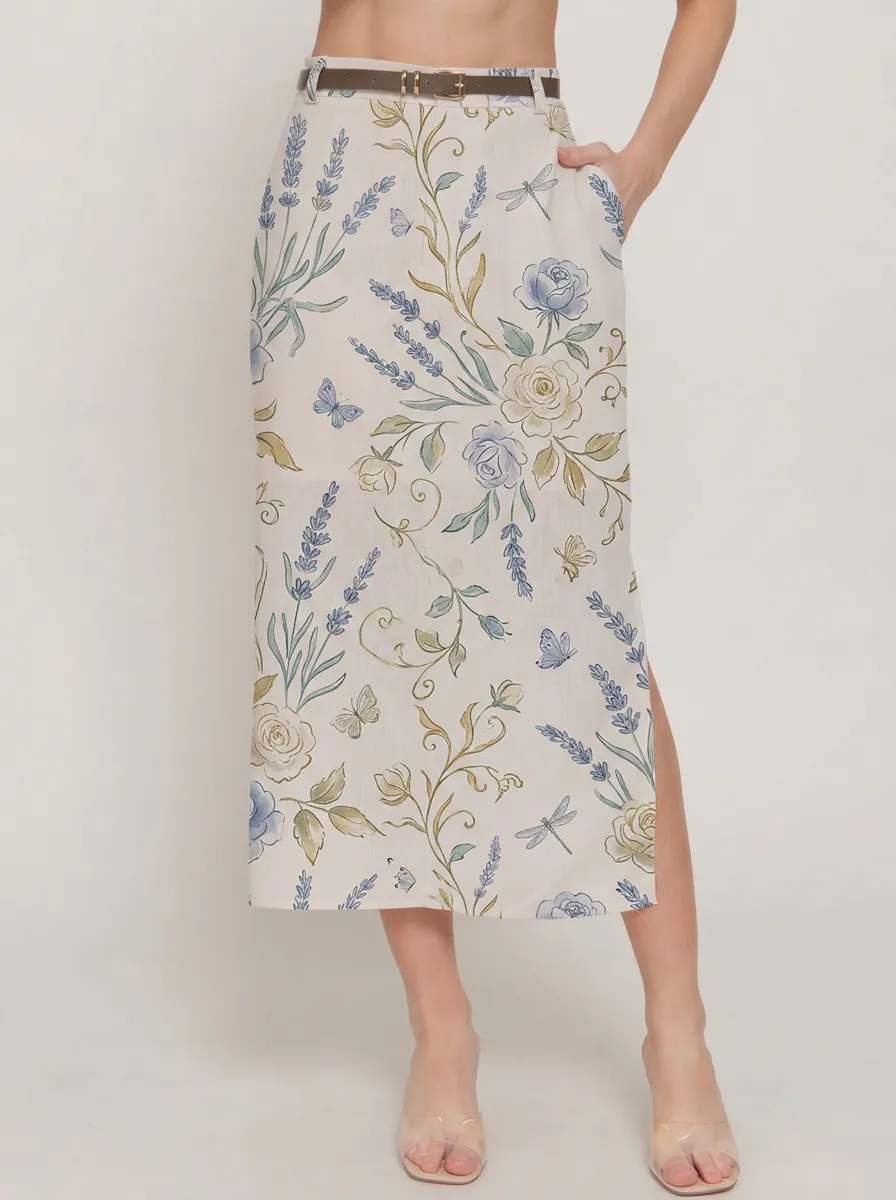 Women's Botanical Garden Lavender Rose Butterfly Printed Midi Skirt