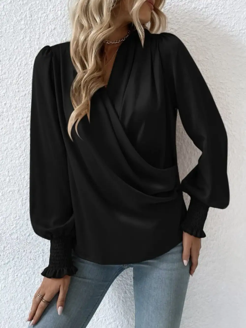 Ruched Surplice Long Sleeve Blouse