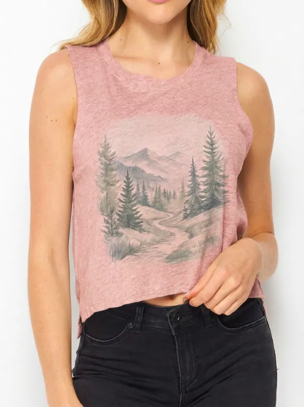 Women's Nature Lover Mountain Forest Path Printed Tank Top